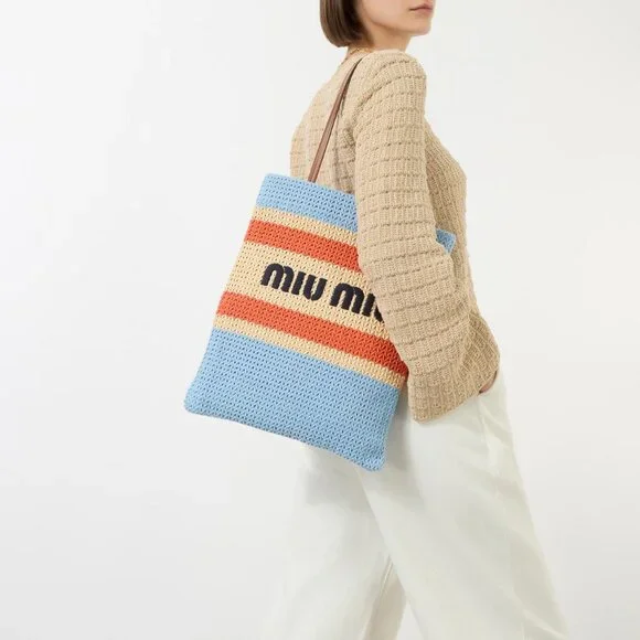 MIU MIU LIght Blue Beige Orange Raffia-Effect Embroidery Vertical Woven Tote Bag - Picture 1 of 9